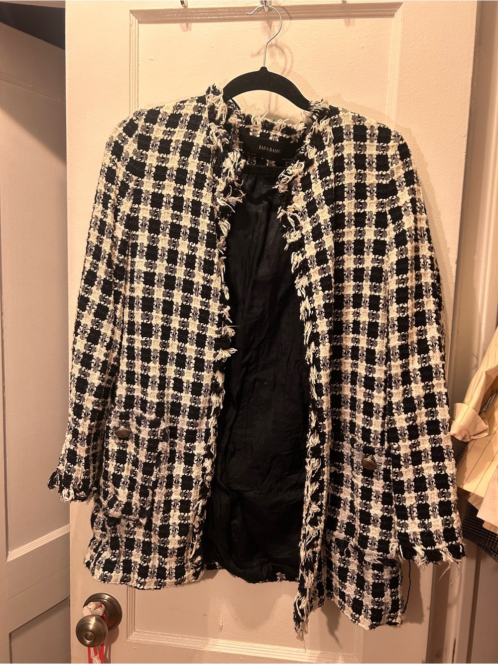 Zara Black Blue and White Tweed Fringed Open-Front Blazer